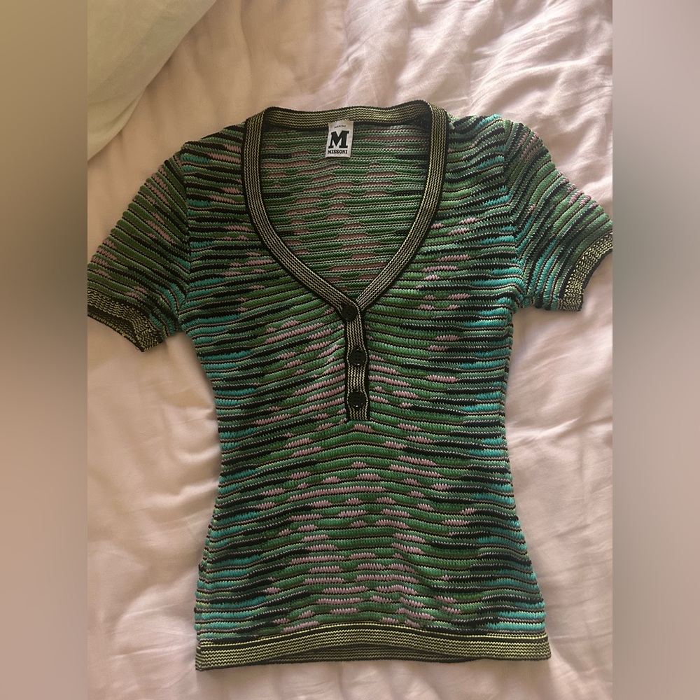 Missoni Green Multi-Color Short Sleeve Button Up Knit